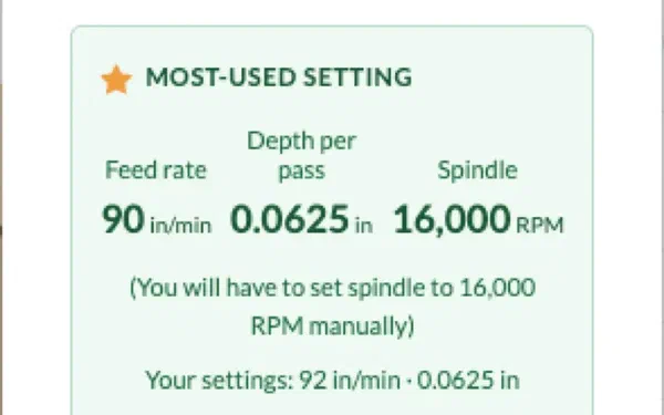 Community cut settings card showing proven feeds and speeds