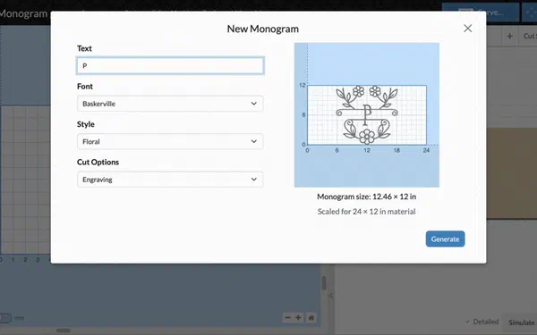 The Easel monogram generator building a three letter monogram