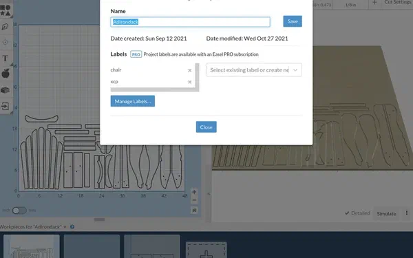 The Easel project properties dialog showing project labels