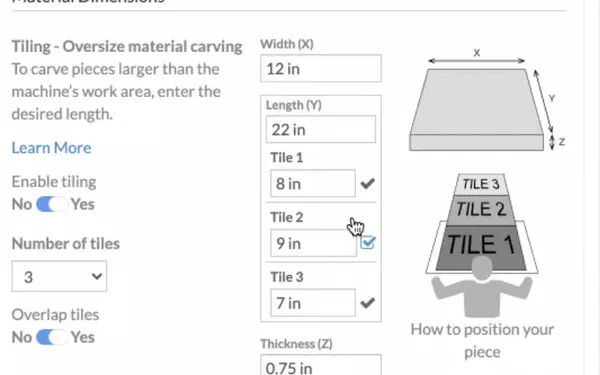 Tiling a carve across material longer than the work area