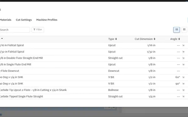 The Easel toolbox listing bits and materials