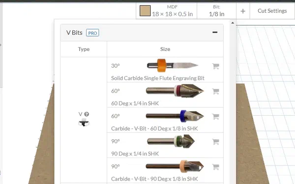 V bits used for V-carving in Easel